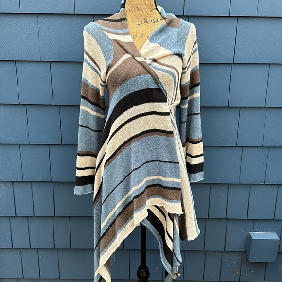 💙🤎🤍Goddis S/M blue tan cream black Naples sweater cardigan drape - Picture 8 of 10